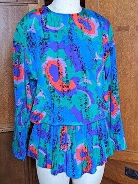Malia Honolulu Vintage 80s Abstract Peplum Blouse | Silk Look | USA | Sz 10